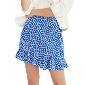 MADEWELL Blue Ruffle-Edge Skirt in Mini Daisy Lined A-Line Flirty Women's 4